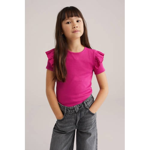 WE Fashion T-shirt Roze Meisjes Stretchkatoen Ronde hals Effen - maat 146/152 afbeelding