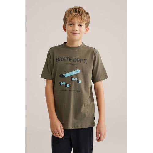 WE Fashion pyjama kaki Groen Jongens Katoen Ronde hals Printopdruk