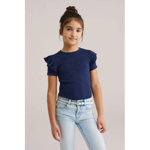 WE Fashion T-shirt Blauw Meisjes Stretchkatoen Ronde hals Effen - maat 122/128 afbeelding