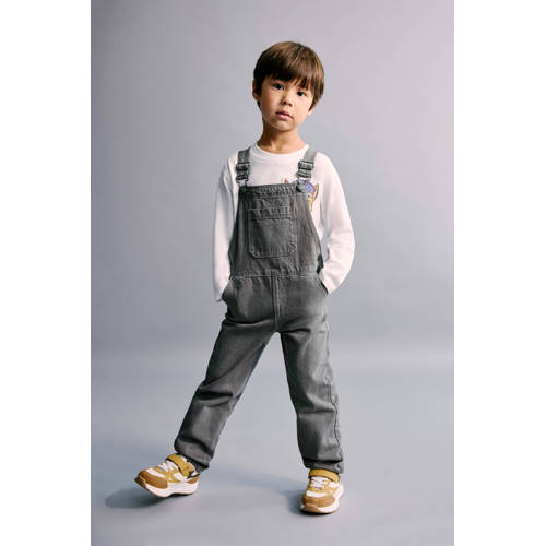 Mango Kids tuinbroek grey denim Grijs Jongens Katoen Vierkante hals Effen - maat 92 afbeelding