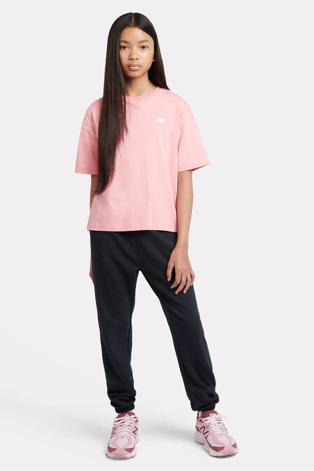 Roze meisjes New Balance sportshirt van katoen met effen, korte mouwen en ronde hals