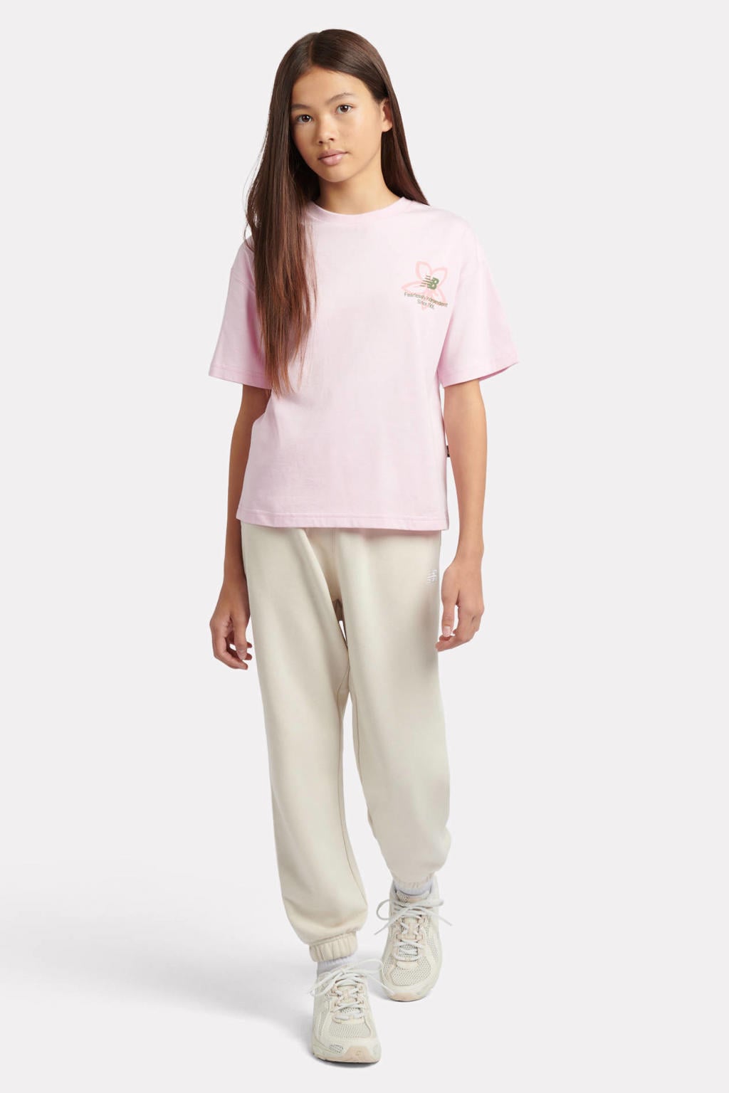 Roze meisjes New Balance T-shirt van katoen met backprint, korte mouwen en ronde hals