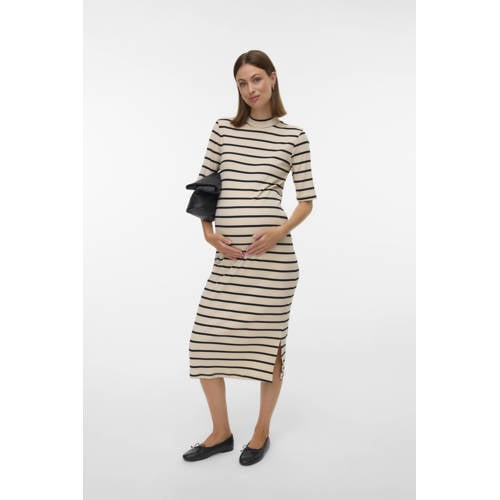 MAMALICIOUS gestreepte zwangerschaps maxi jurk ecru Dames Stretchkatoen Col - maat M afbeelding