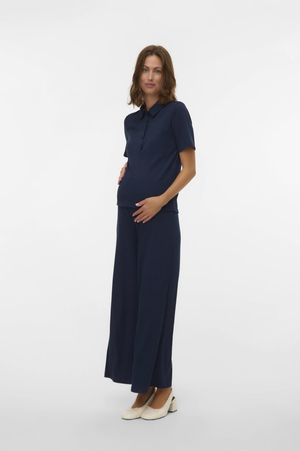Donkerblauwe dames MAMALICIOUS zwangerschaps- en voedings T-shirt van polyester met korte mouwen, polo kraag en textuur