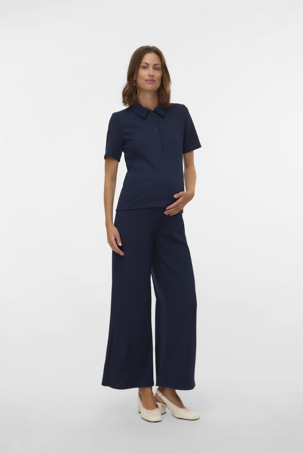 Donkerblauwe dames MAMALICIOUS wide leg high waist zwangerschaps casual broek met effen