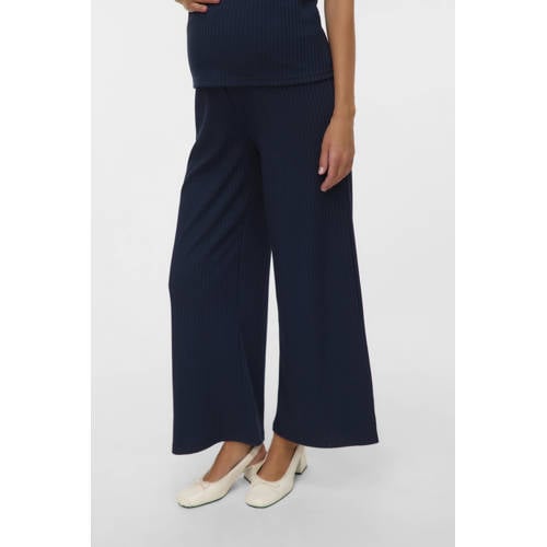 MAMALICIOUS wide leg high waist zwangerschaps casual broek donkerblauw Dames Polyester - maat M afbeelding