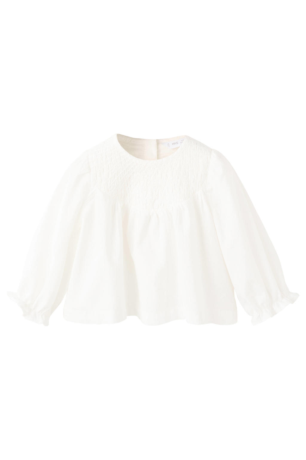 Witte meisjes Mango Kids blousetop van katoen met effen, lange mouwen, ronde hals, knoopsluiting en borduursels