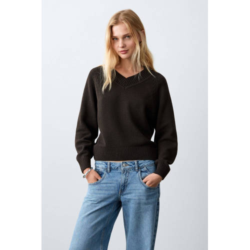MANGO TEEN trui donkerbruin gebreid Meisjes Polyester V-hals Effen - maat 168(M) afbeelding