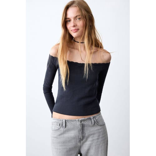 MANGO TEEN off shoulder top marineblauw broderie Meisjes Katoen Boothals - maat 152(XXS) afbeelding