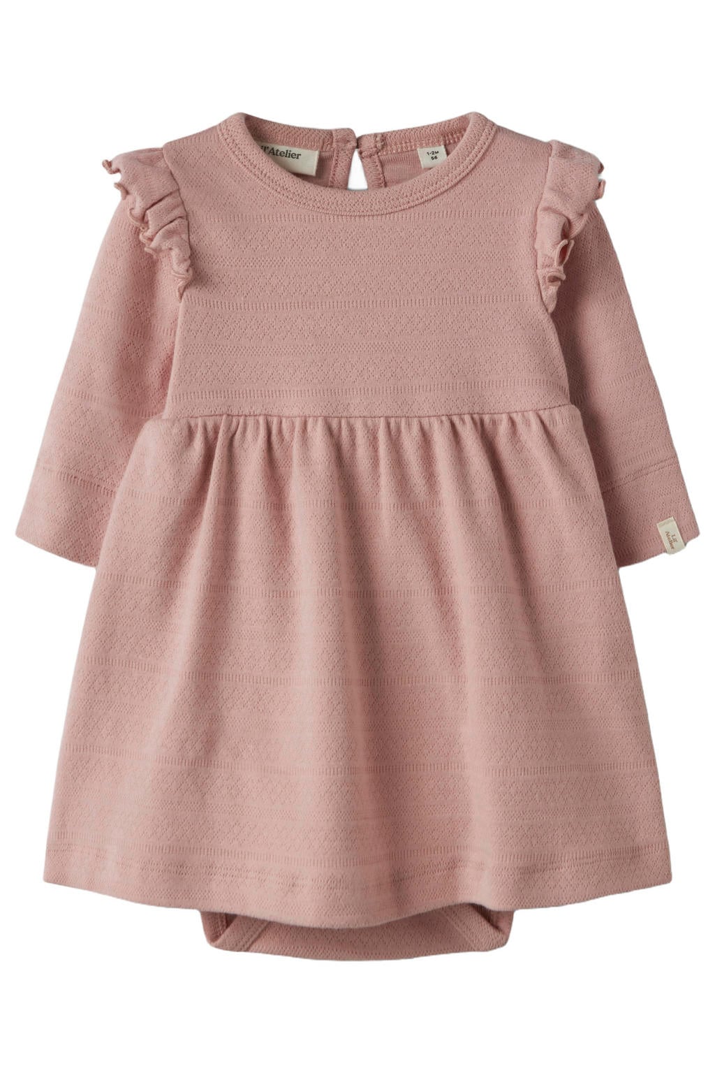 Oudroze meisjes LIL' ATELIER BABY korte jurk ajour van katoen met effen, lange mouwen en ronde hals