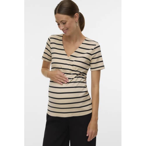 MAMALICIOUS zwangerschaps- en voedings gestreepte T-shirt ecru Dames Katoen V-hals - maat L afbeelding