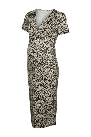 zwangerschaps- en voedings midi jurk met panterprint beige