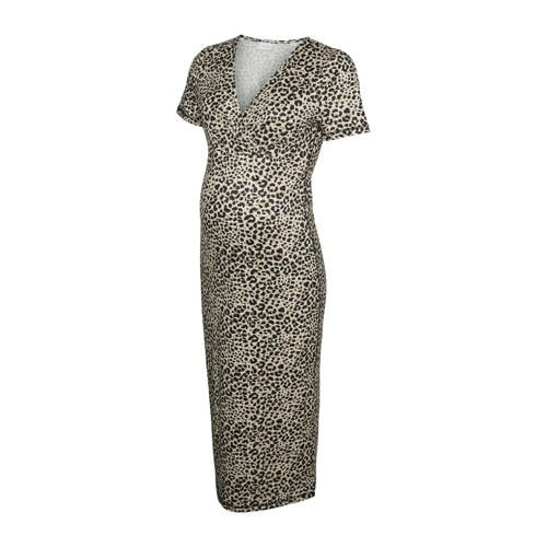MAMALICIOUS zwangerschaps- en voedings midi jurk met panterprint beige Dames Polyester V-hals - maat L afbeelding
