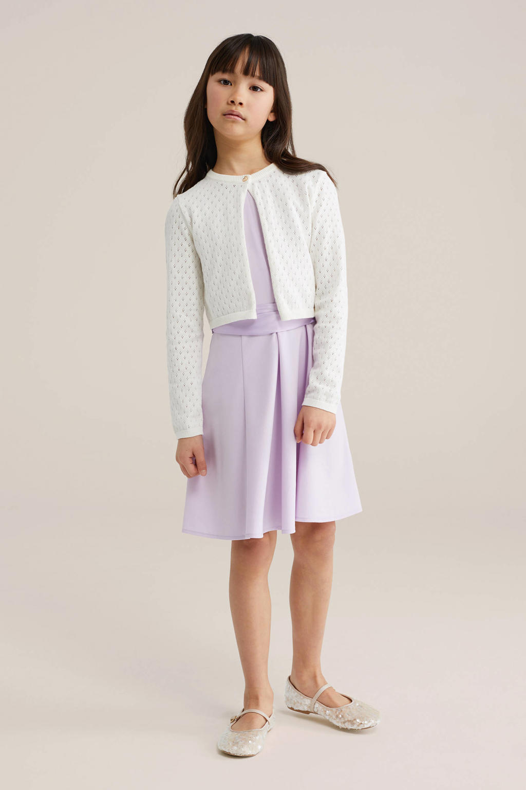 Witte meisjes WE Fashion gebreid vest van katoen met effen, lange mouwen, ronde hals, knoopsluiting en ajour details