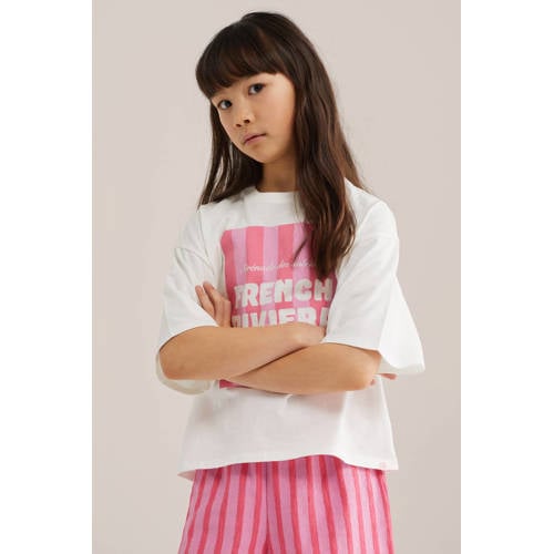 WE Fashion T-shirt wit Meisjes Katoen Ronde hals Printopdruk - maat 98/104 afbeelding