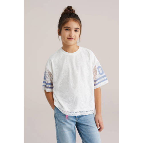 WE Fashion T-shirt wit Meisjes Polyester Ronde hals Meerkleurig - maat 110/116 afbeelding