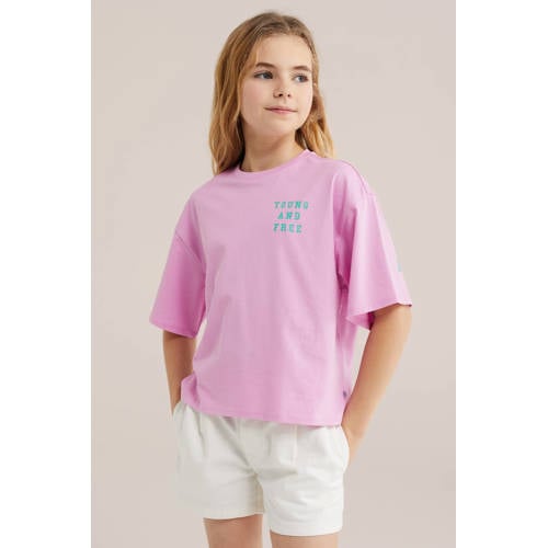 WE Fashion T-shirt roze Meisjes Katoen Ronde hals Backprint - maat 170/176 afbeelding