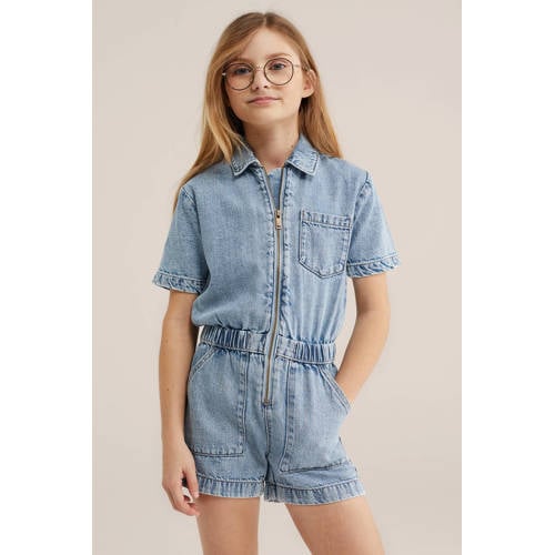 WE Fashion Straight playsuit light blue denim Blauw Effen - maat 164 afbeelding