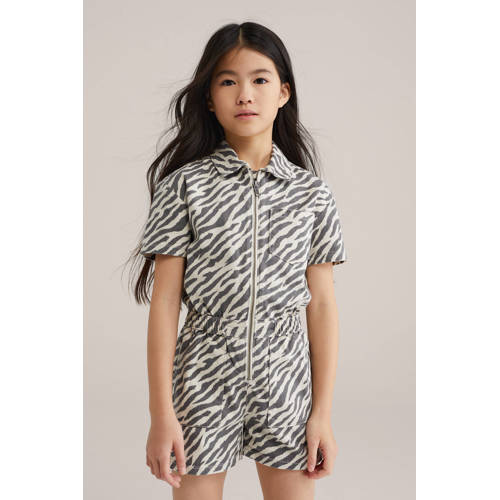 WE Fashion Straight playsuit ecru met zebraprint Meisjes Katoen Klassieke kraag - maat 128 afbeelding