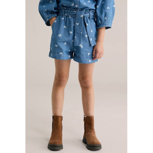 WE Fashion denim straight short met hartjes medium blue denim Korte broek Blauw - maat 98/104 afbeelding
