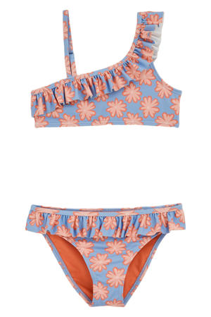 one shoulder bikini met ruches blauw/roze