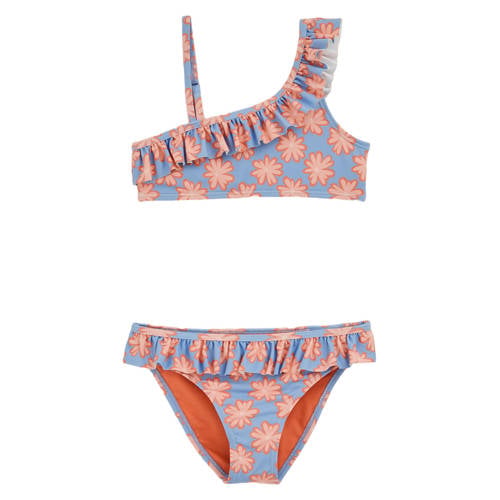 WE Fashion one shoulder bikini met ruches blauw/roze Meisjes Polyester - maat 110/116 afbeelding