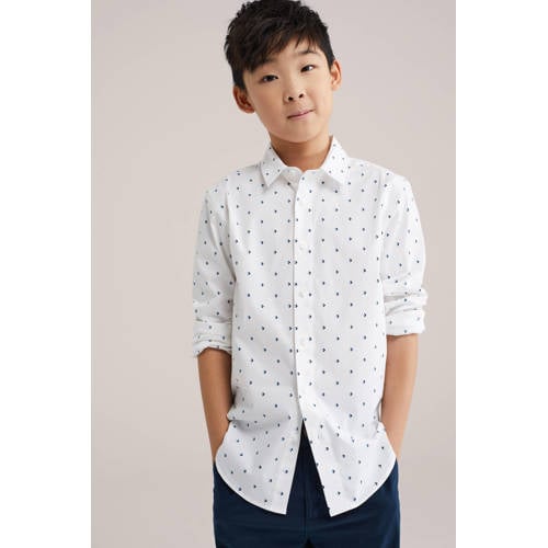 WE Fashion overhemd wit Jongens Stretchkatoen Klassieke kraag All over print - maat 110/116 afbeelding