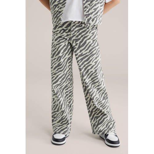 WE Fashion wide leg jeans met zebraprint ecru Meisjes Denim Dierenprint - maat 128 afbeelding