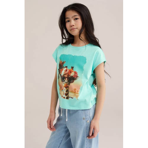 WE Fashion T-shirt lichtblauw Meisjes Katoen Ronde hals Printopdruk - maat 134/140 afbeelding