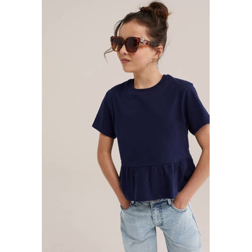 WE Fashion T-shirt donkerblauw Meisjes Katoen Ronde hals Effen - maat 170/176 afbeelding