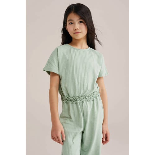WE Fashion jumpsuit lichtgroen Meisjes Katoen Ronde hals Effen
