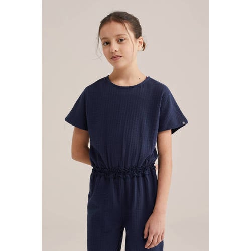 WE Fashion jumpsuit donkerblauw Meisjes Katoen Ronde hals Effen