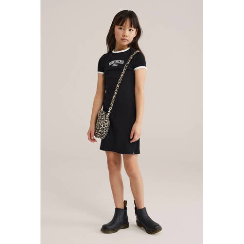 WE Fashion t-shirtjurk zwart Meisjes Stretchkatoen Ronde hals Tekst - maat 122/128 afbeelding