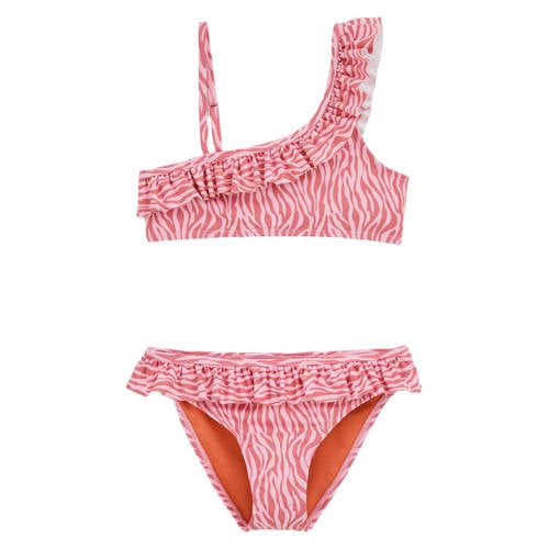 WE Fashion one shoulder bikini met ruches roze Meisjes Polyester Zebraprint - maat 158/164 afbeelding