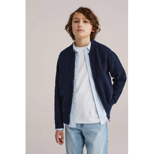 WE Fashion gebreid vest donkerblauw Jongens Katoen Ronde hals Effen