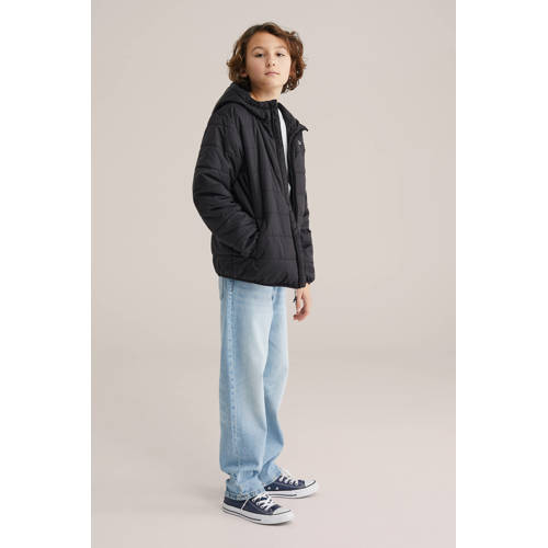 WE Fashion gewatteerde jas zwart Jongens Polyester Capuchon Effen - maat 146/152 afbeelding