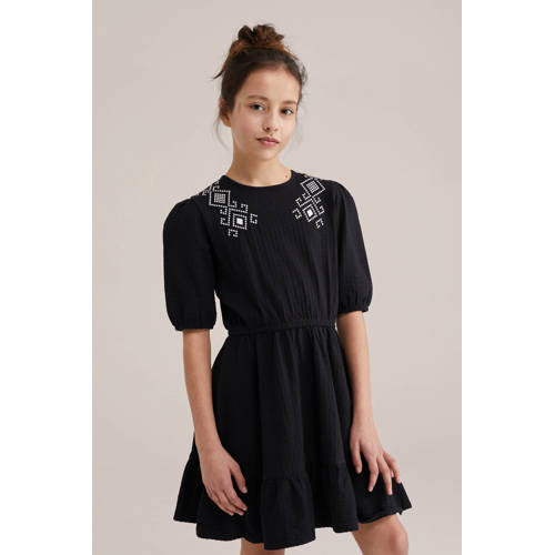WE Fashion zomerjurk zwart Meisjes Katoen Ronde hals Effen