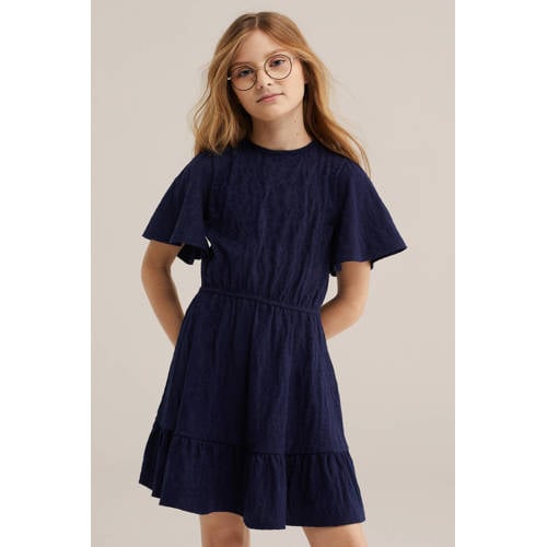 WE Fashion A-lijn jurk donkerblauw Meisjes Katoen Ronde hals Effen