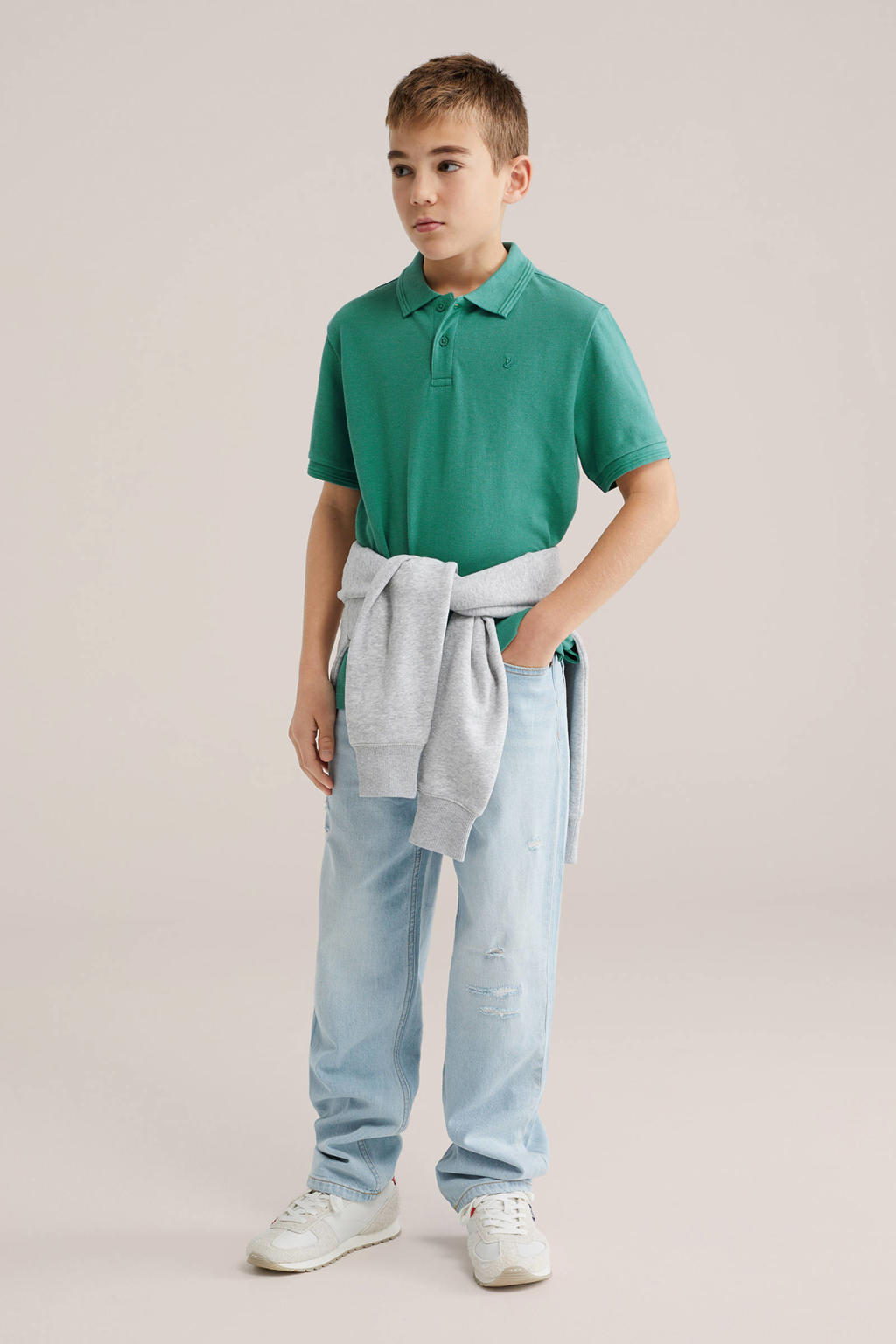 Groene jongens WE Fashion polo van katoen met effen, korte mouwen en knoopsluiting