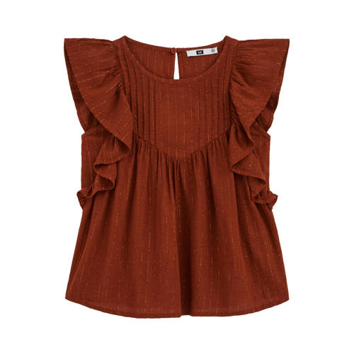WE Fashion T-shirt donkerrood met glitter Meisjes Viscose Ronde hals Effen - maat 122/128 afbeelding