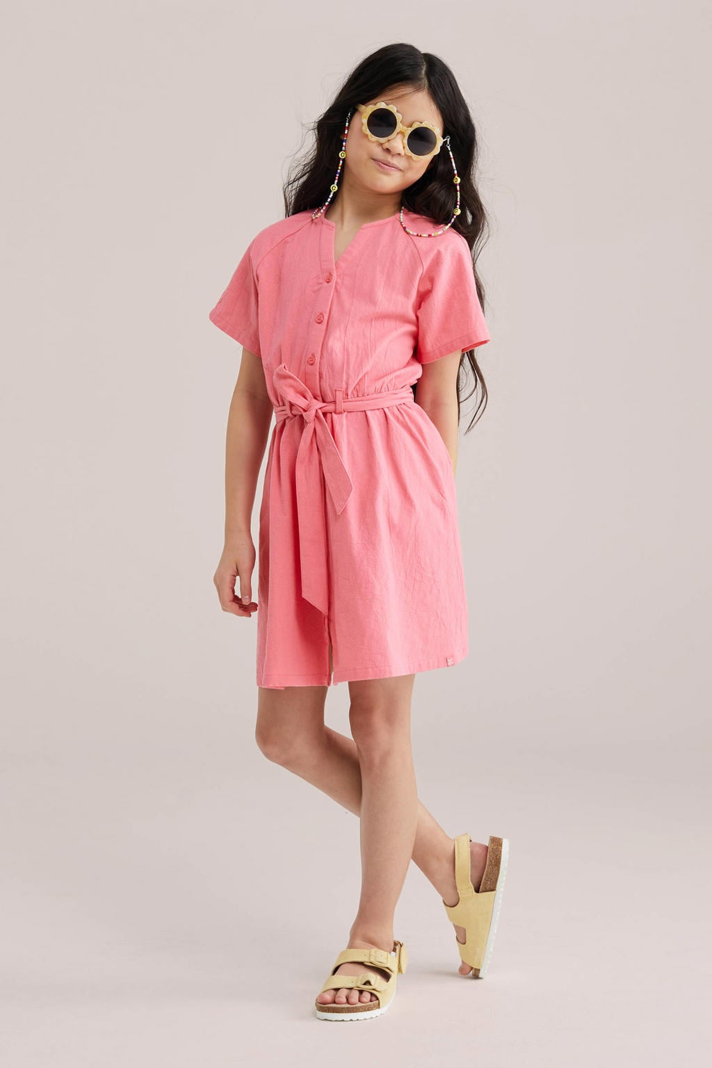 Roze meisjes WE Fashion zomerjurk van katoen met effen, korte mouwen, V-hals, knoopsluiting en ceintuur