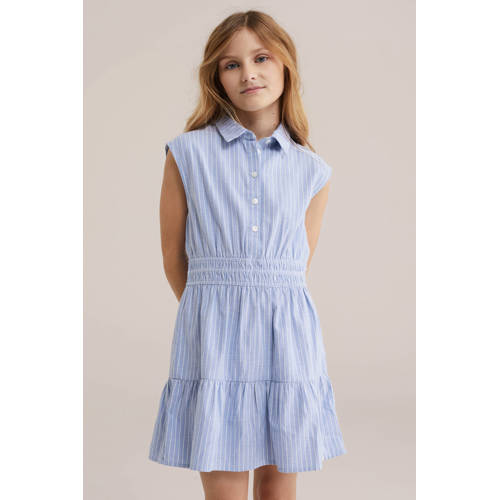WE Fashion gestreepte blousejurk lichtblauw Meisjes Katoen Klassieke kraag - maat 110/116 afbeelding