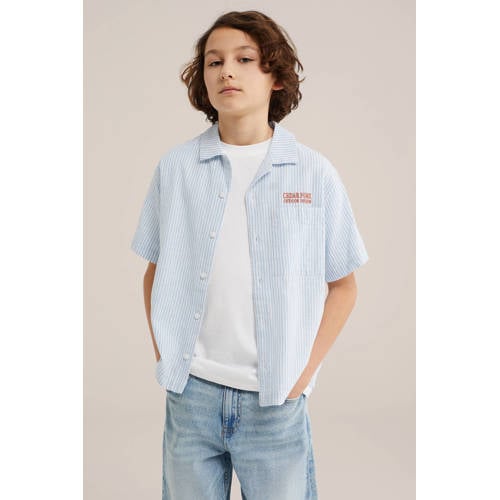 WE Fashion gestreepte overshirt lichtblauw Overhemd Jongens Katoen Klassieke kraag - maat 98/104 afbeelding