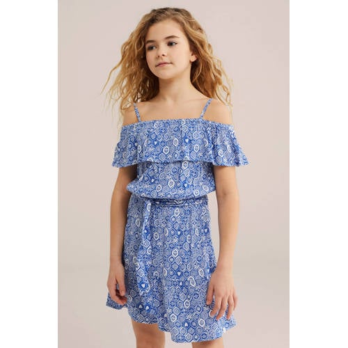 WE Fashion off shoulder jurk blauw All over print