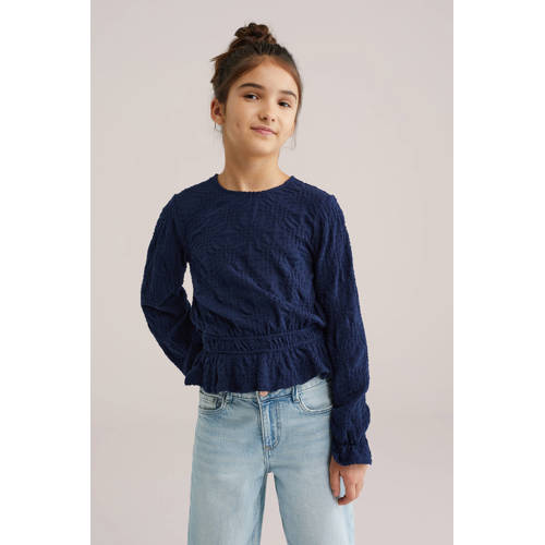 WE Fashion blousetop donkerblauw Meisjes Katoen Ronde hals Effen