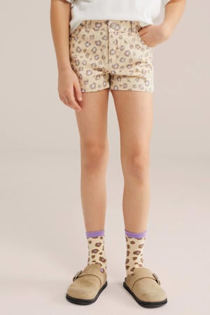 denim straight short met panterprint beige