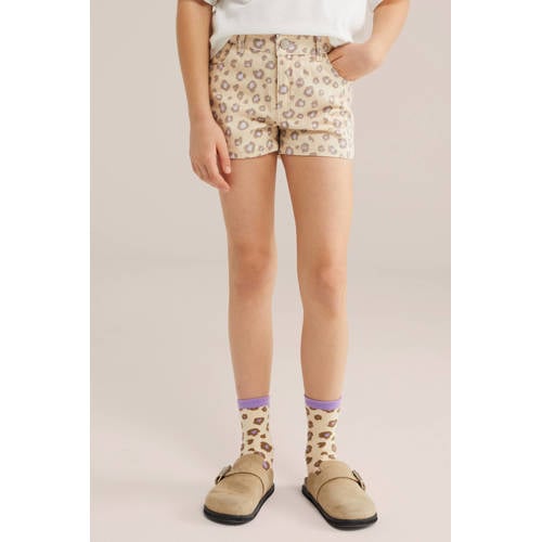WE Fashion denim straight short met panterprint beige Korte broek Dierenprint - maat 164 afbeelding