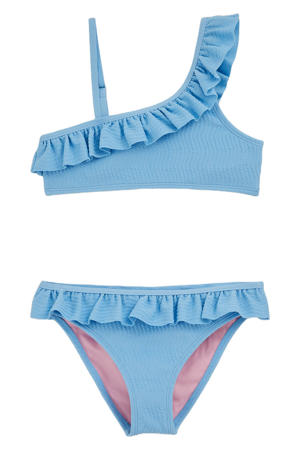 one shoulder bikini met ruches lichtblauw