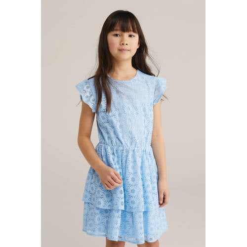 WE Fashion zomerjurk ajour lichtblauw Meisjes Polyamide Ronde hals Effen