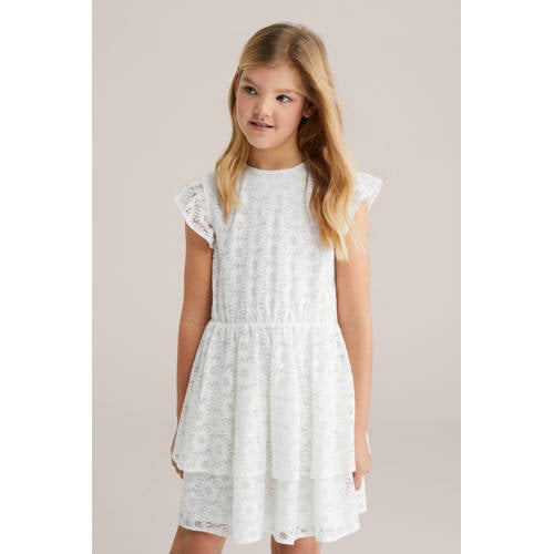 WE Fashion zomerjurk ajour wit Meisjes Polyamide Ronde hals Effen
